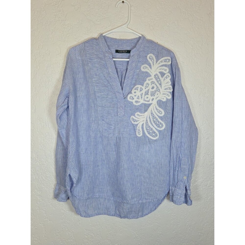 Ralph Lauren Blue Tunic Top 100% Linen Stripe Eyelet Lace Long Sleeve Small